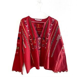 Zara Embroidered Boho Top Cotton Linen Blend Size Large